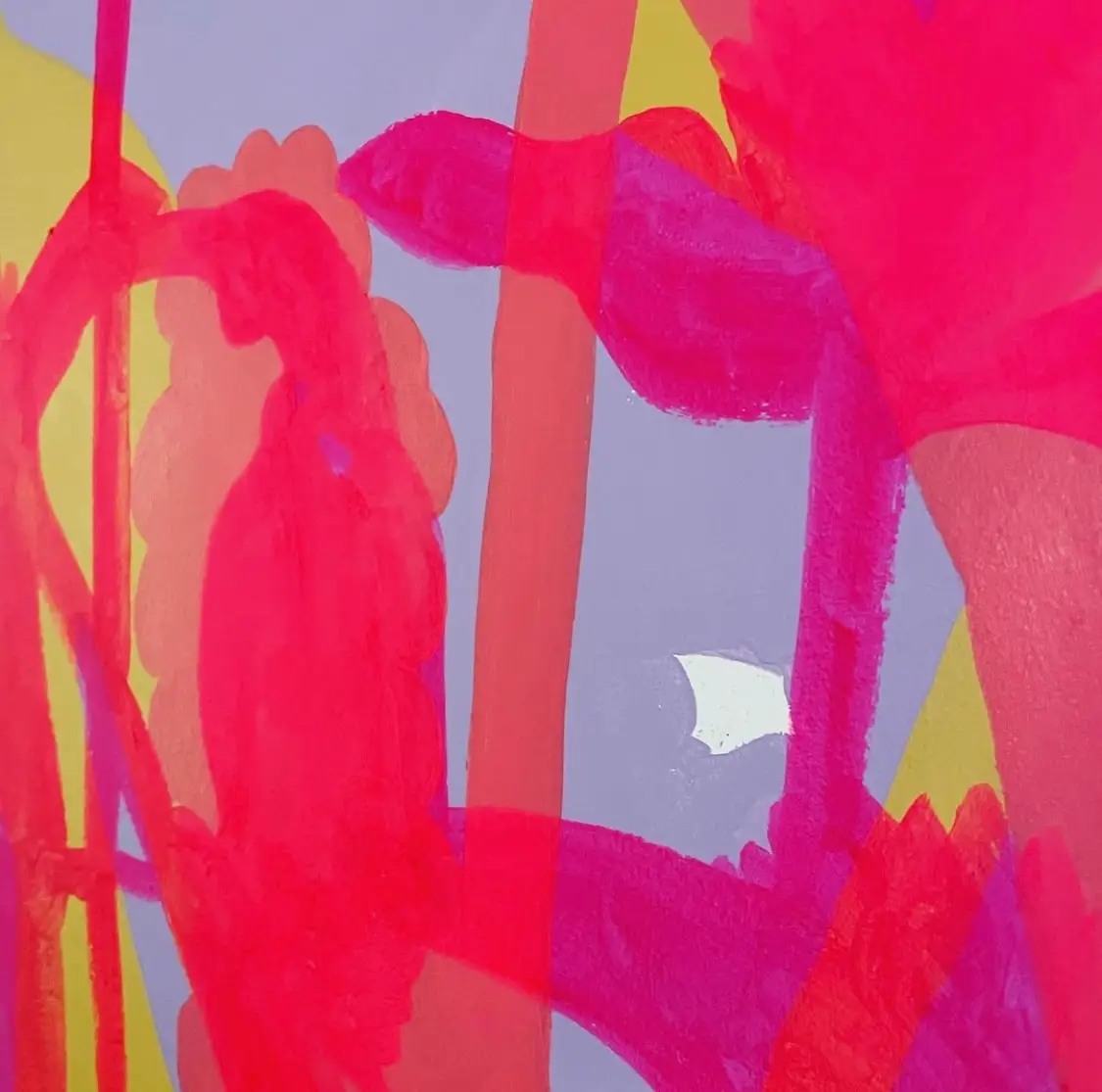 Abstract mixed media painting on paper with dense blue, yellow, brown and pink colored foliage, 2024