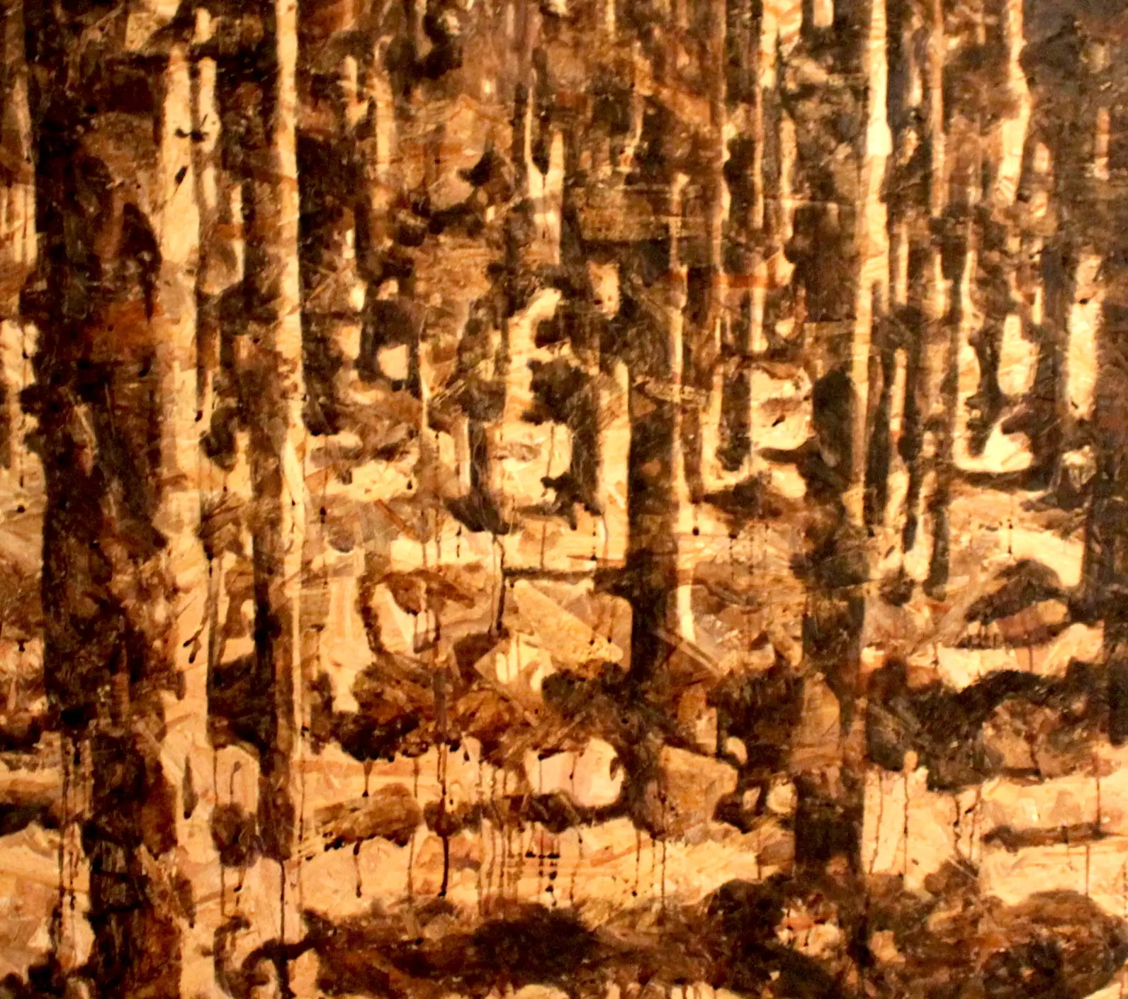 Painting of a dense forest, stained onto an OSB board panel.