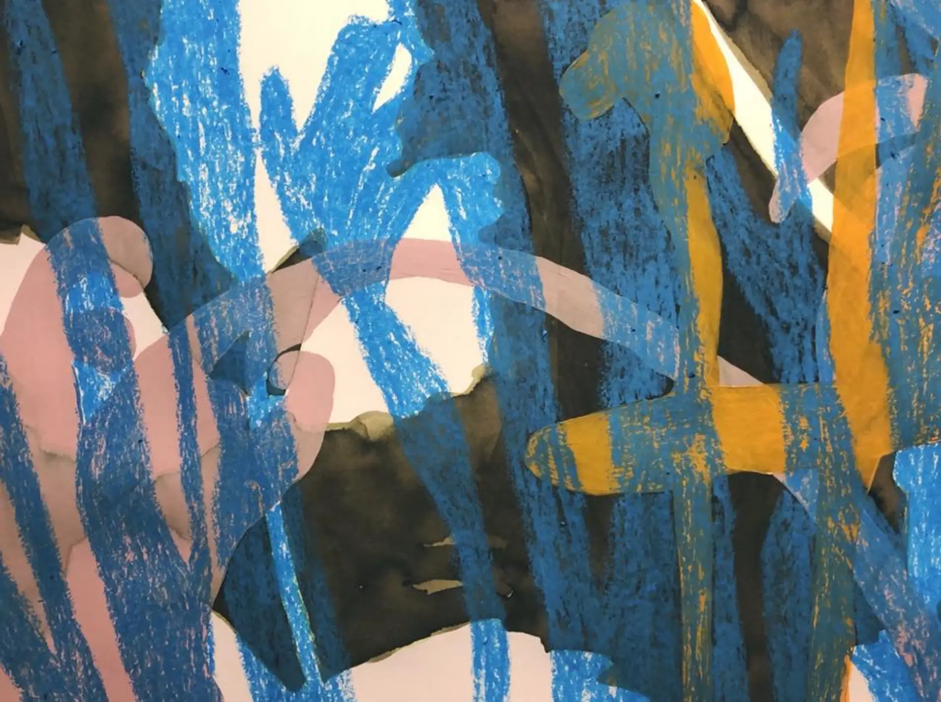 Abstract mixed media painting on paper with dense blue, yellow, brown and pink colored foliage, 2024